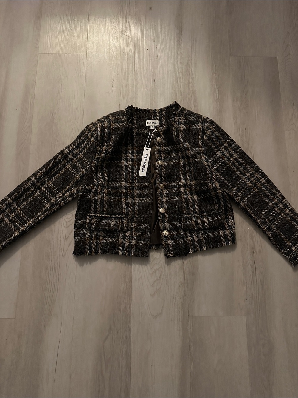 Steve Madden Black & Taupe Plaid Tweed Cropped Jacket